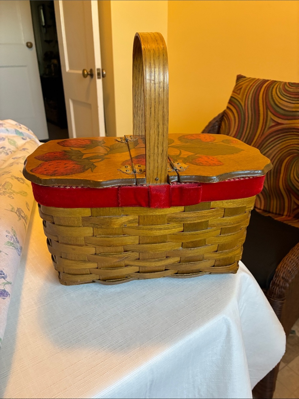 Vintage Straw Basket with Red Trim and Hand-Painted Strawberry Lid